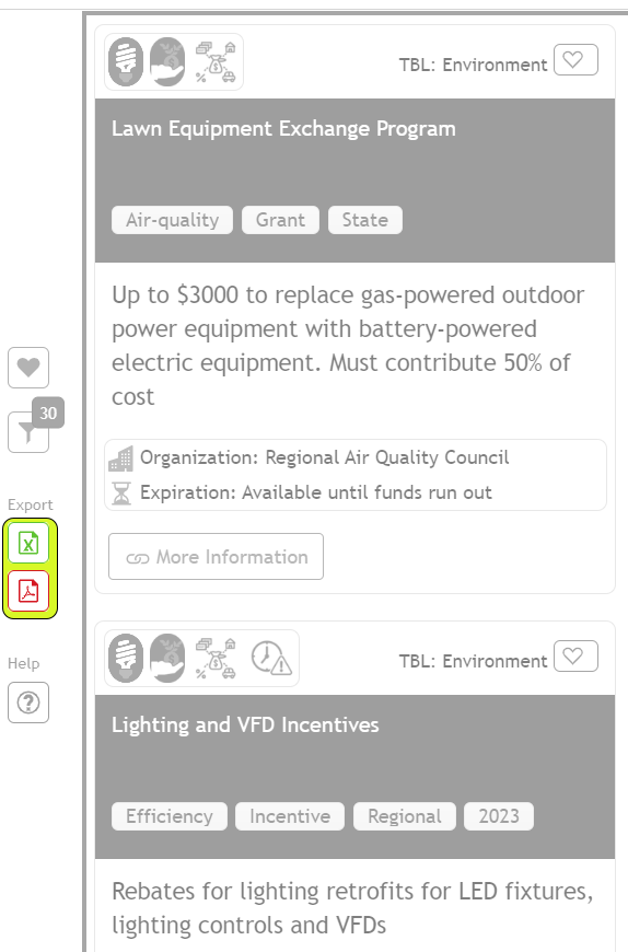 screenshot of two buttons used to export to CVS and PDF